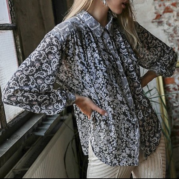 FREE PEOPLE Dani Button Down Pieced-Print Top - Picture 7 of 14